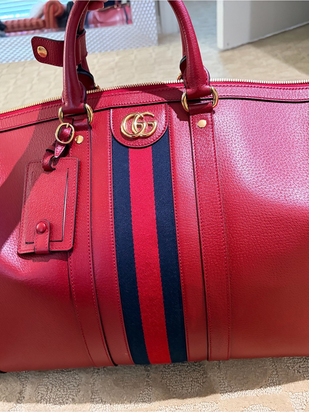 Gucci Red Leather Travel Duffel with Navy-Red Web Stripe and Gold Hardware